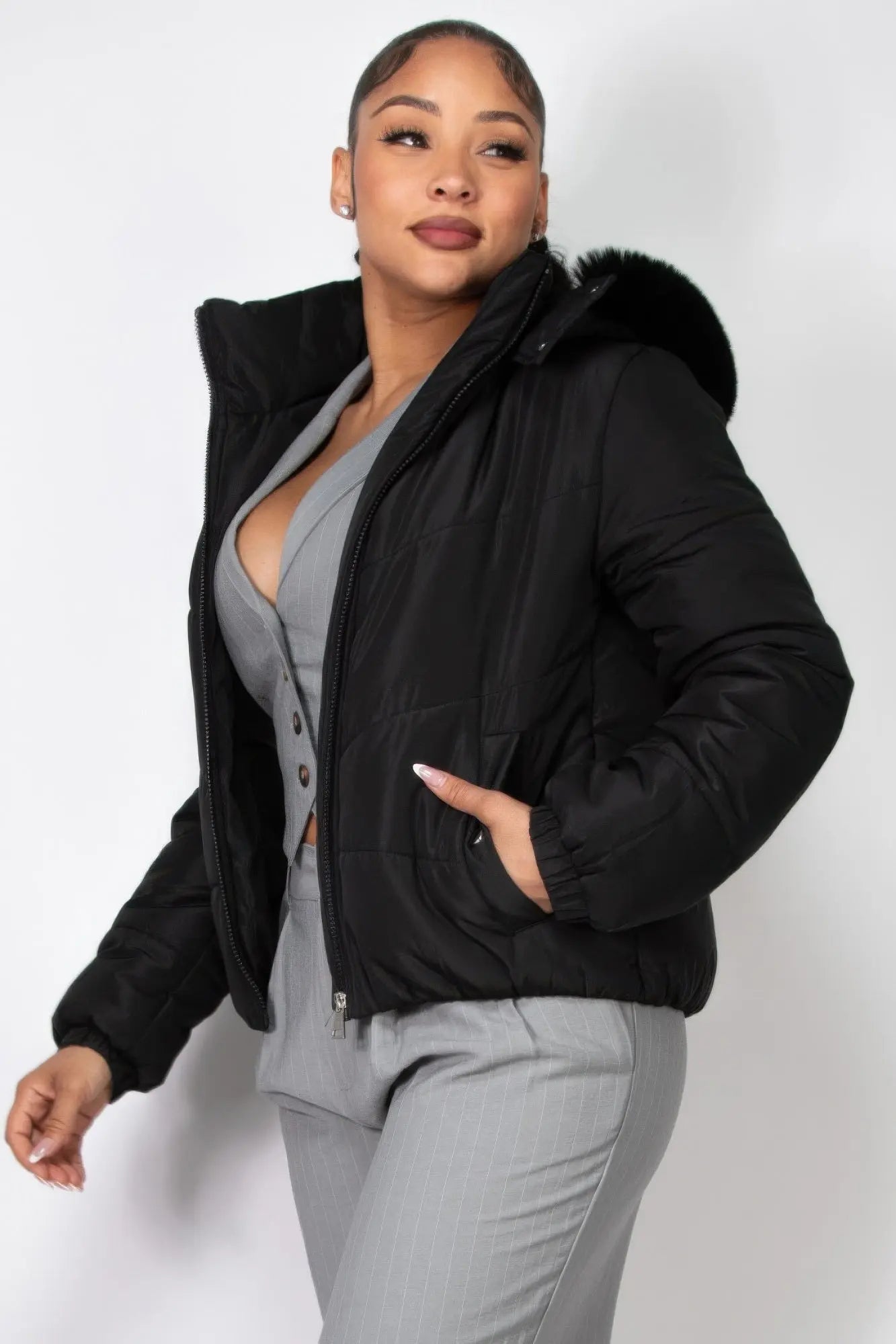 Insulated Zip-up Faux Fur Hooded Jacket - Image #3