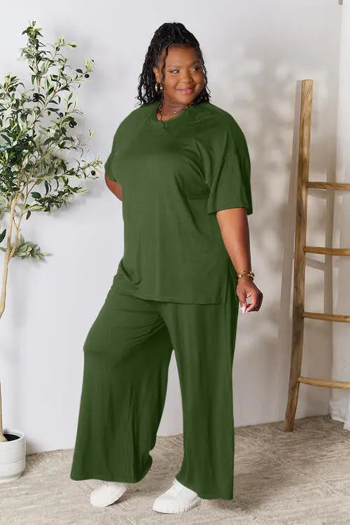 Double Take Full Size Round Neck Slit Top and Pants Set - Image #24