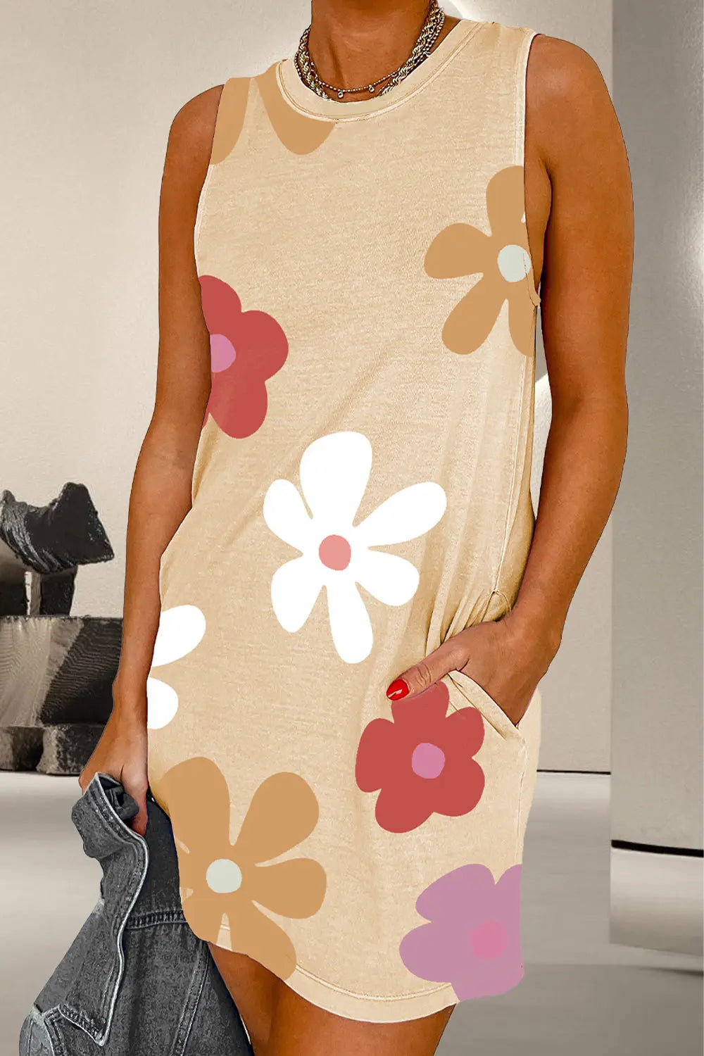 Pocketed Printed Round Neck Tank Dress - Image #1