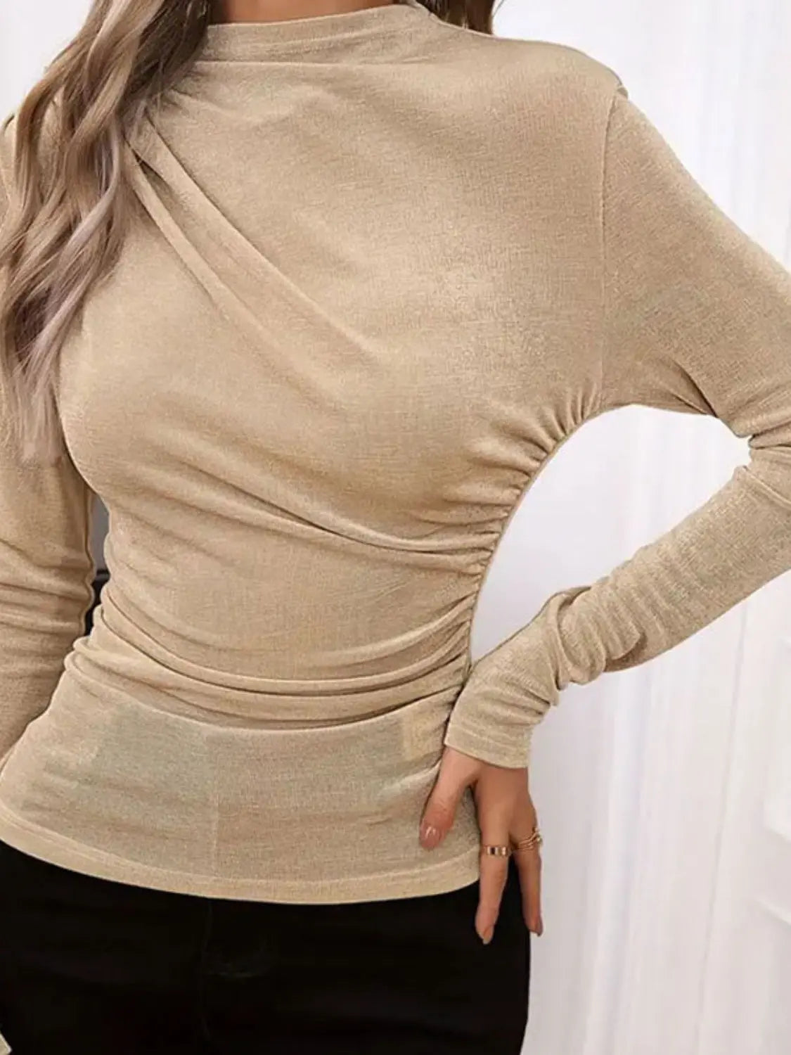 Ruched Mock Neck Long Sleeve T-Shirt - Image #5