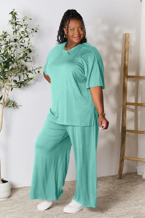 Double Take Full Size Round Neck Slit Top and Pants Set - Image #12