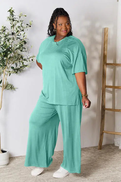 Double Take Full Size Round Neck Slit Top and Pants Set - Image #12