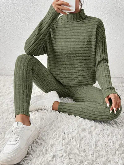 Ribbed Turtleneck Top and Pants Set - Image #11