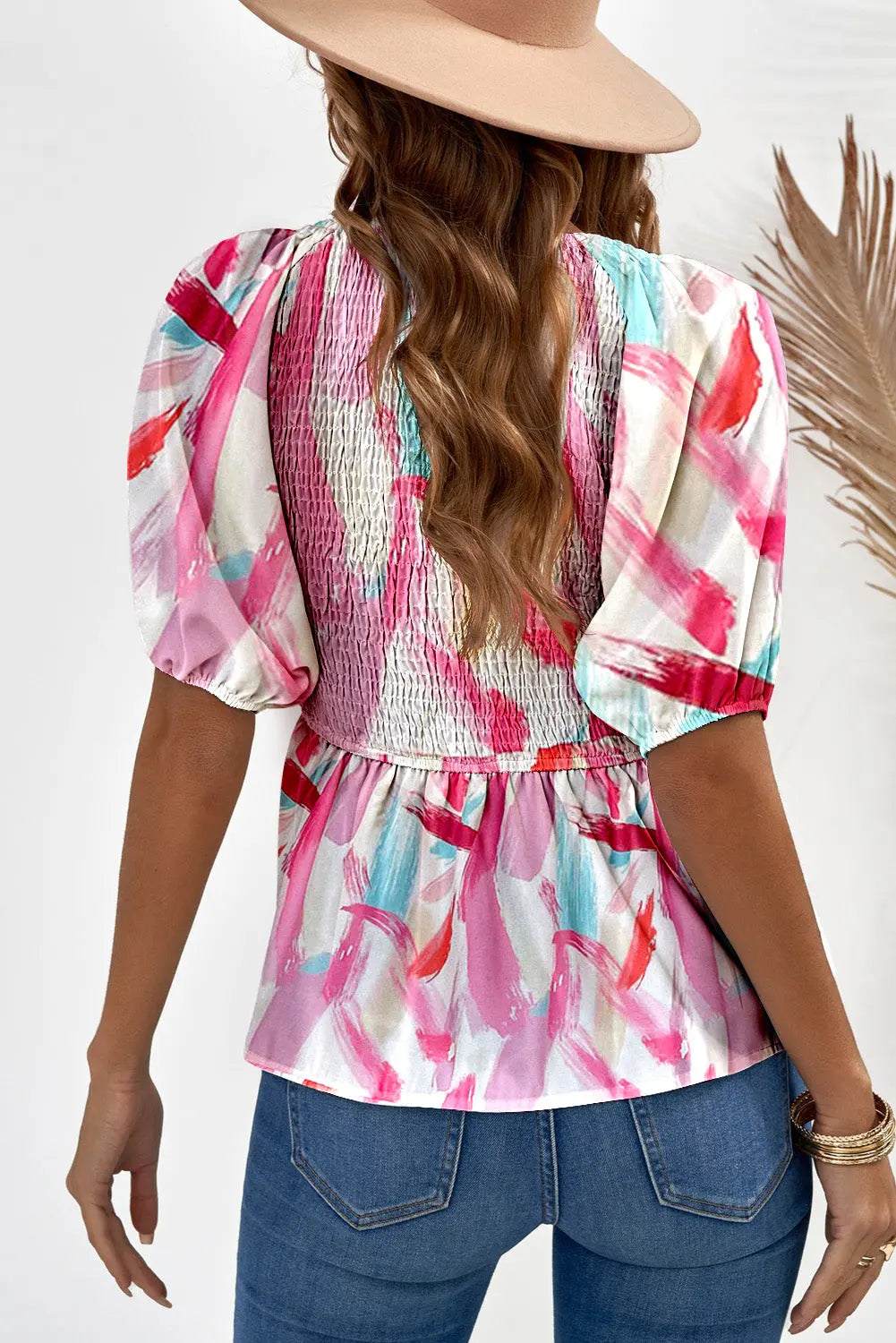 Printed V-Neck Babydoll Blouse - Image #6