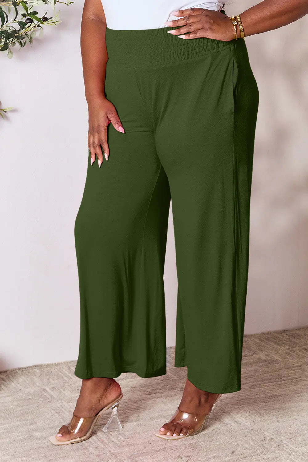 Double Take Full Size Smocked Wide Waistband Wide Leg Pants - Image #9