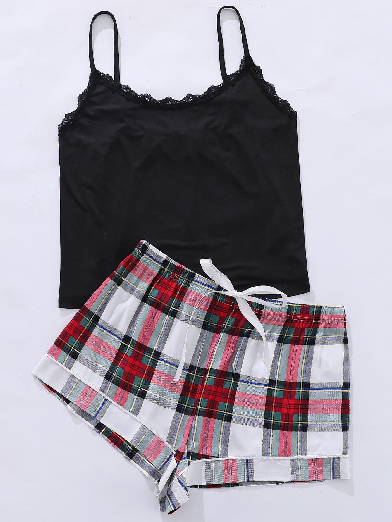 Plus Size Lace Trim Scoop Neck Cami and Printed Shorts Pajama Set - Image #9