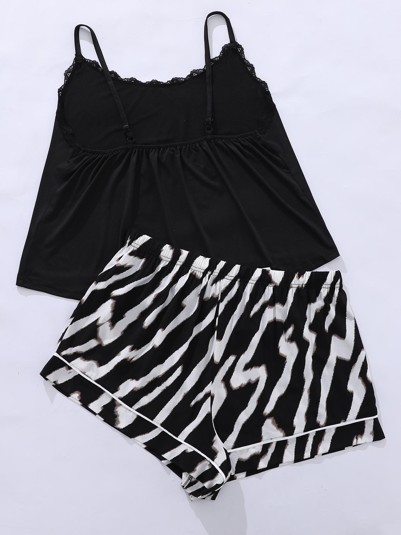 Plus Size Lace Trim Scoop Neck Cami and Printed Shorts Pajama Set - Image #14