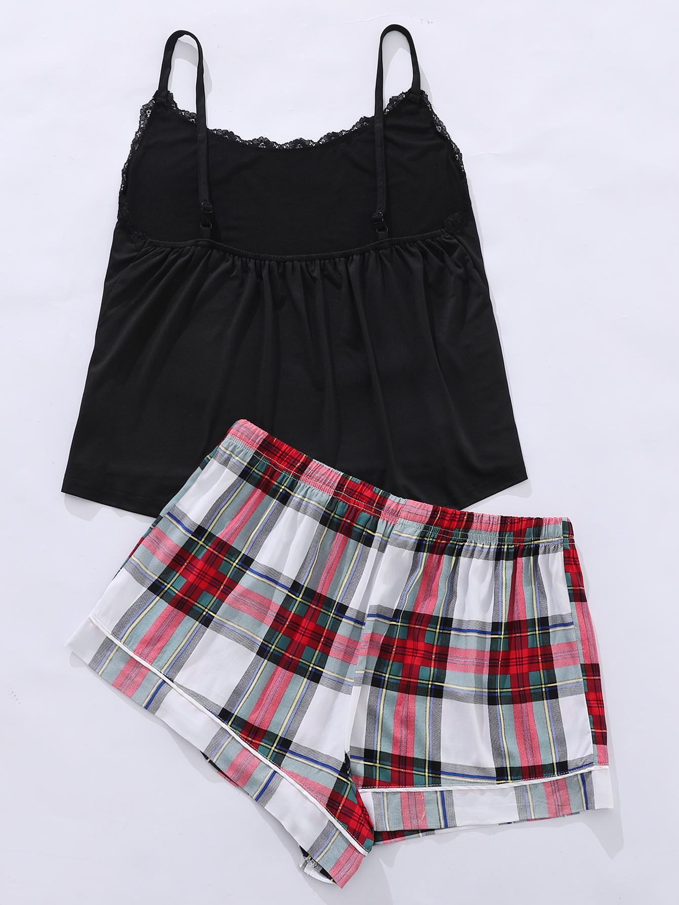 Plus Size Lace Trim Scoop Neck Cami and Printed Shorts Pajama Set - Image #10