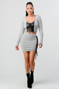 2 Piece Set With Cropped Long Sleeve Shirt With Pu Leather Detail Matching Mini Skirt - Image #1