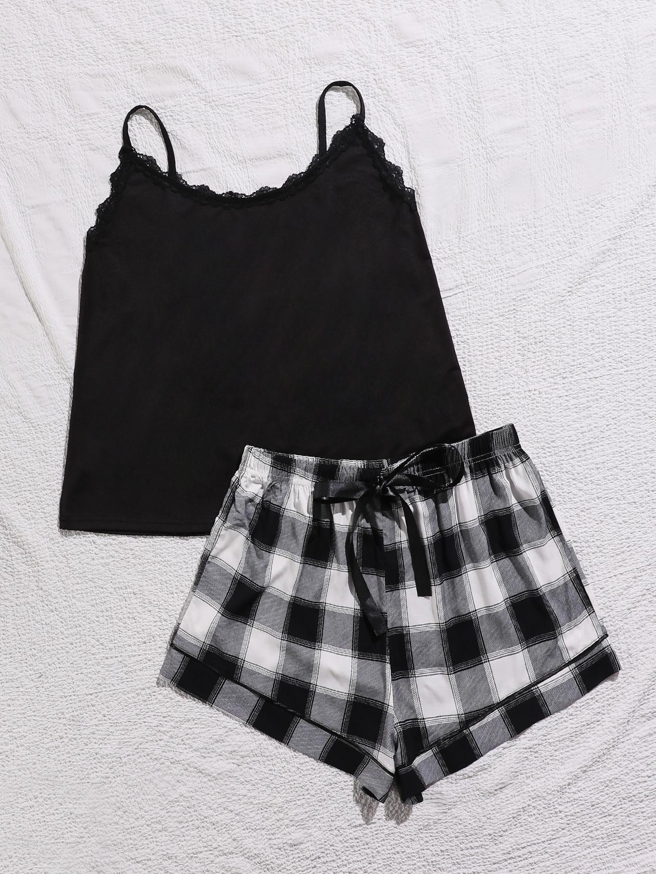Plus Size Lace Trim Scoop Neck Cami and Printed Shorts Pajama Set - Image #5