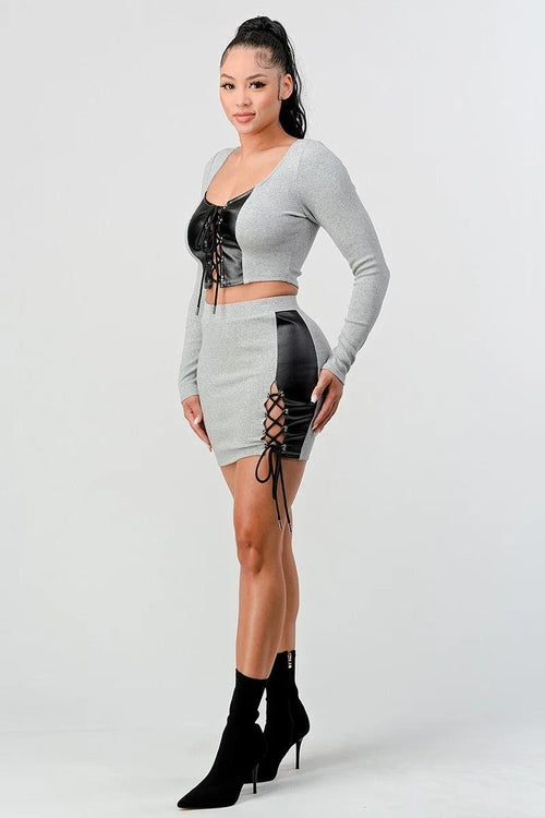 2 Piece Set With Cropped Long Sleeve Shirt With Pu Leather Detail Matching Mini Skirt - Image #2