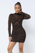 Animal Print Long Sleeve Mock Neck Mini Dress - Image #1