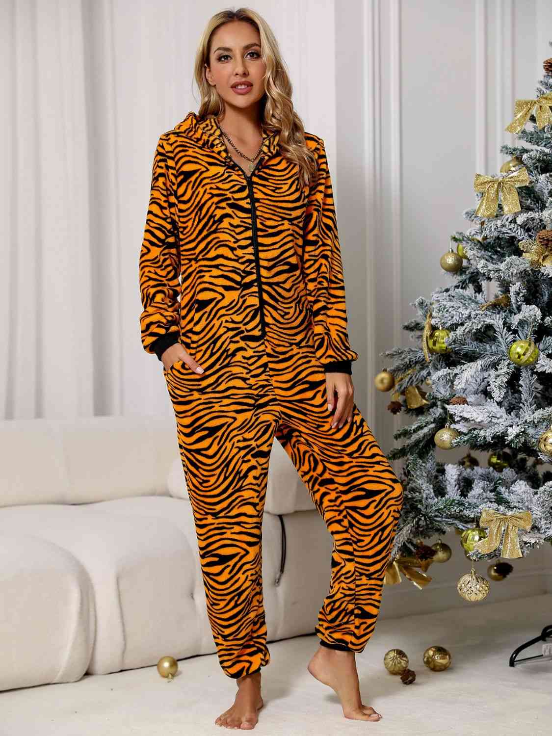 Animal Print ZipFront Lounge Jumpsuit with Pockets