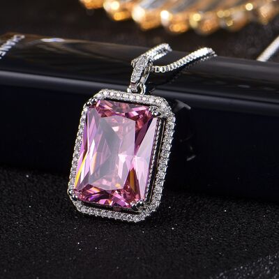 Silver-Plated Zircon Rectangle Pendant Necklace