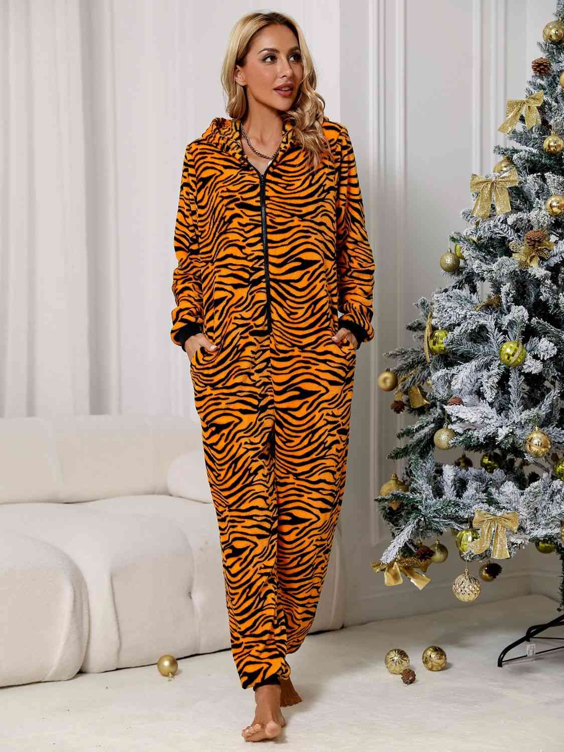 Animal Print ZipFront Lounge Jumpsuit with Pockets