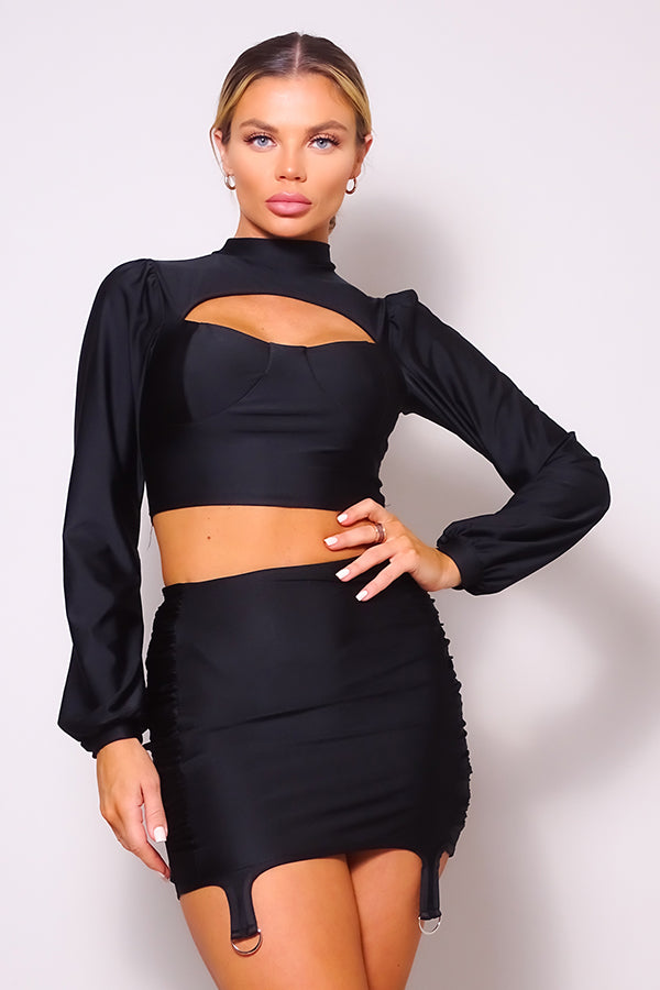 Puff Long Sleeve Front Cutout Blouse & Mini Skirt Set