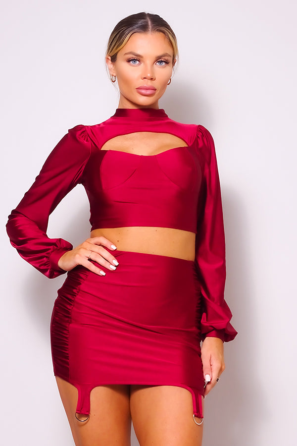 Puff Long Sleeve Front Cutout Blouse & Mini Skirt Set
