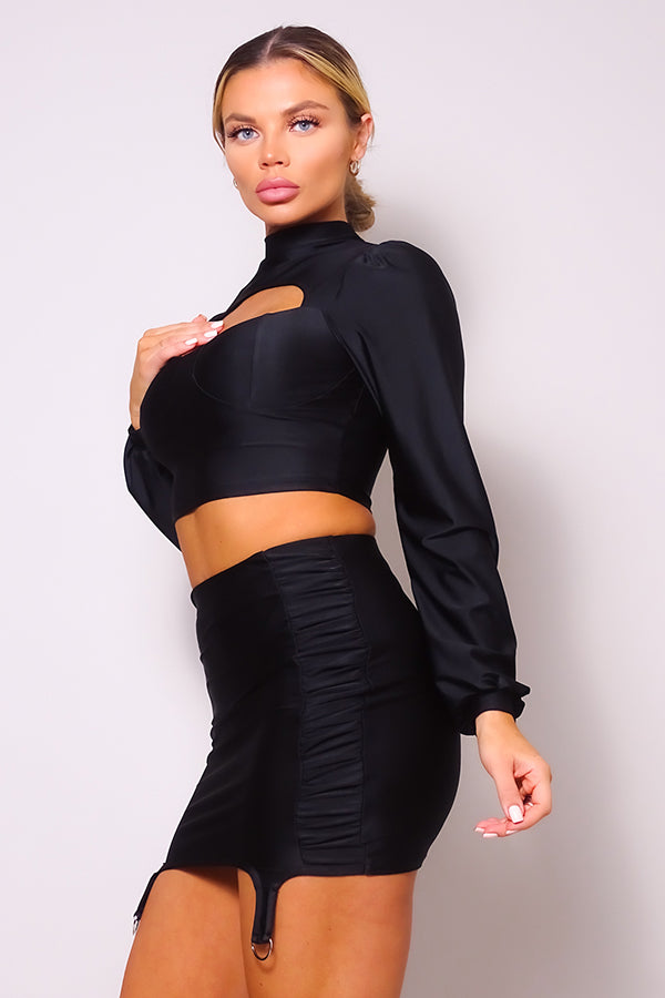 Puff Long Sleeve Front Cutout Blouse & Mini Skirt Set