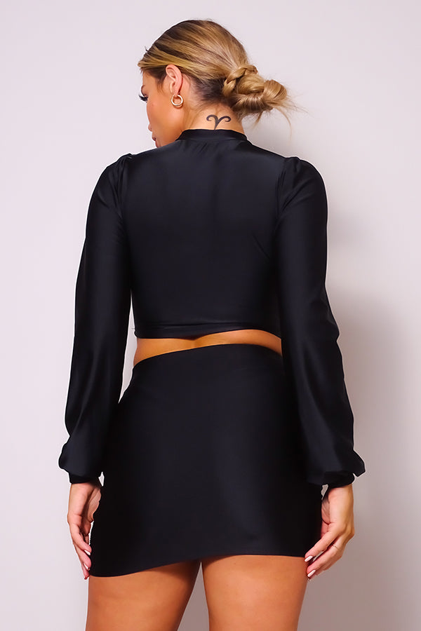 Puff Long Sleeve Front Cutout Blouse & Mini Skirt Set