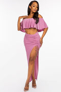 Solid Ity Off The Shoulder Ruffled Cropped Top And Ruched Maxi Skirt Two Piece Set