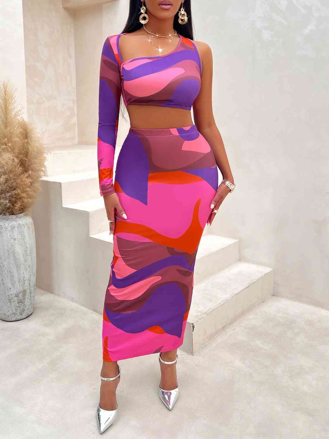 Asymmetrical Cropped Top and Slit Skirt Set
