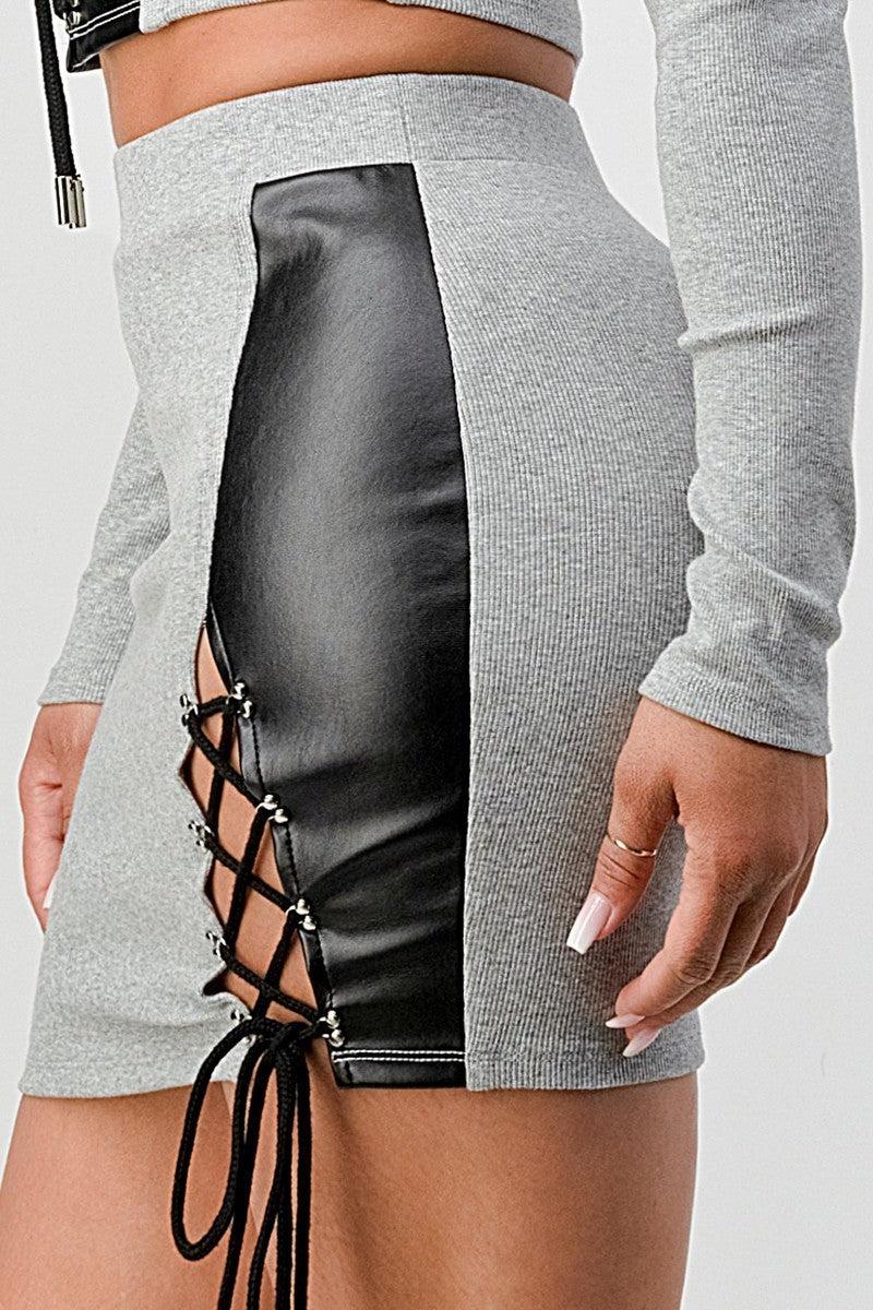 2 Piece Set With Cropped Long Sleeve Shirt With Pu Leather Detail Matching Mini Skirt - Image #5